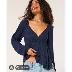 Hollister Lace Babydoll Top Size Medium Navy Blue Asymmetrical Boho Cottagecore